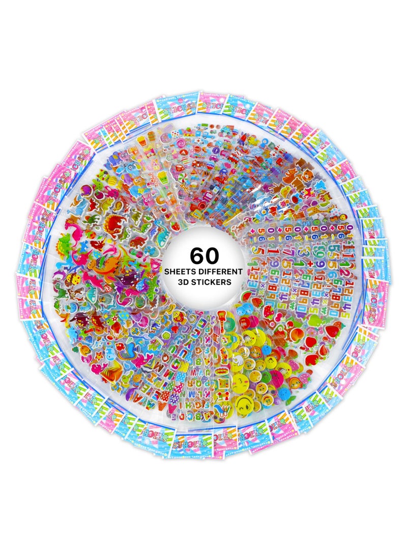 ملصقات 3D للأطفال 1450+ 3D ملصقات منتفخة 60 ورقة مختلفة بما في ذلك الحيوانات والحروف والأرقام والأسماك والديناصورات والسيارات والمزيد للأولاد والبنات - Image 2