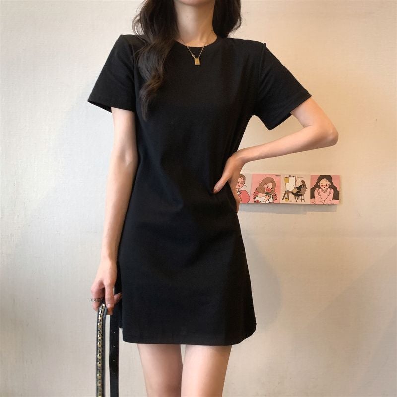 Elegant Cotton Short-Sleeve Dress for Women, New Summer Style, Petite, Age-Reducing, Versatile Base Shirt, Straight Skirt Black premium version