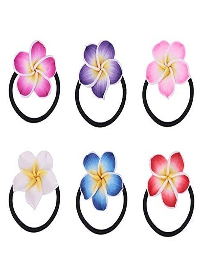 ifundom Hawaiian Flower Hair Ties, 12PCS Plumeria Hair Ring Soft Ceramic Hair Ties Flower Hair Rope Black Rubber Band Flower Hair Bands for Women Girls - Image 1
