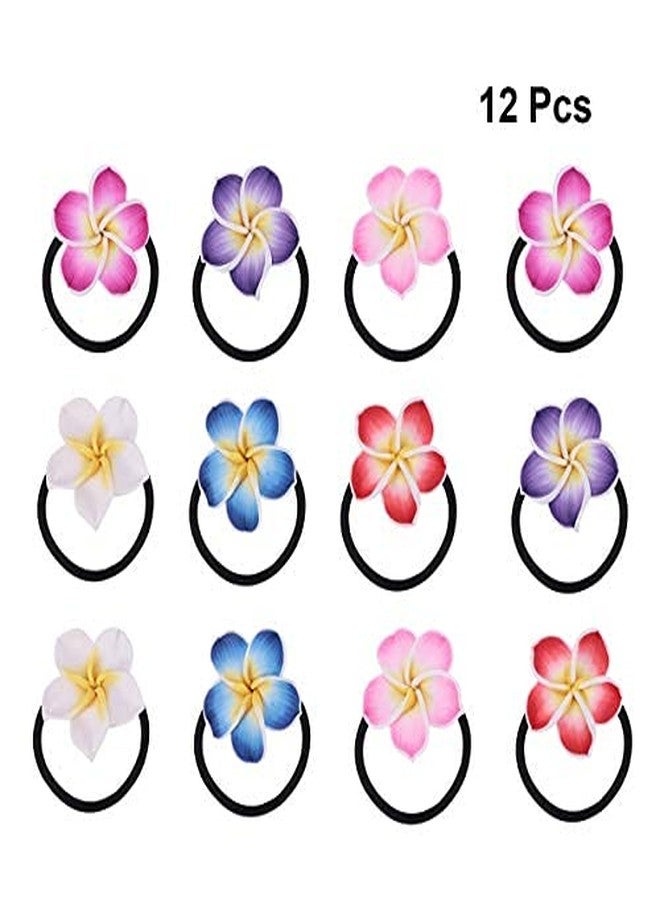 ifundom Hawaiian Flower Hair Ties, 12PCS Plumeria Hair Ring Soft Ceramic Hair Ties Flower Hair Rope Black Rubber Band Flower Hair Bands for Women Girls - Image 2