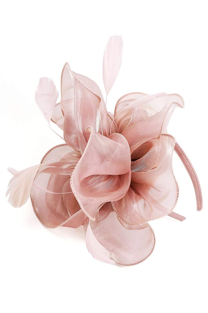 Gionforsy Kentucky Derby Hat Fascinator Veil Fascinator Headband Lace Gloves Imitation Pearl Necklace Earrings Feather Pillbox Fascinator for Wedding Tea Party (Style 6-Pink) - Image 4