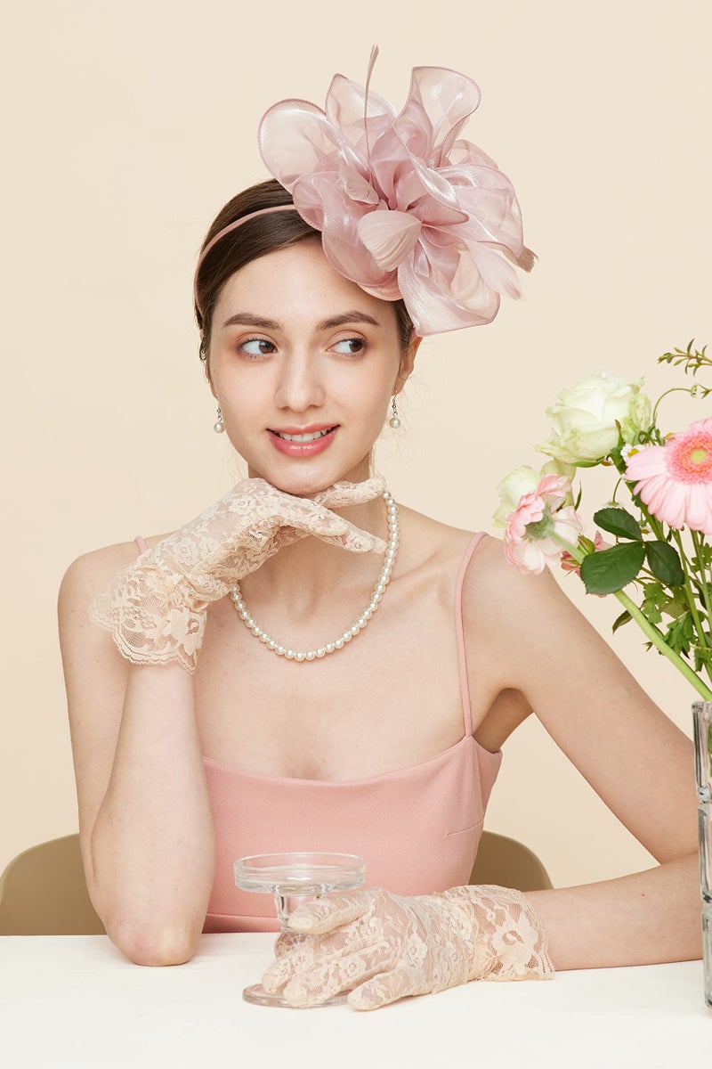 Gionforsy Kentucky Derby Hat Fascinator Veil Fascinator Headband Lace Gloves Imitation Pearl Necklace Earrings Feather Pillbox Fascinator for Wedding Tea Party (Style 6-Pink) - Image 2