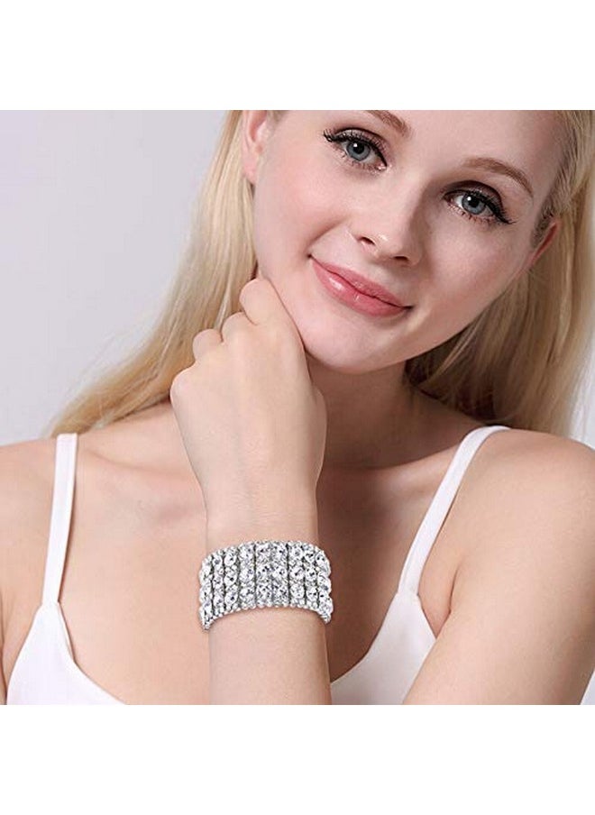 EVER FAITH Women'S Austrian Crystal Round Shaped Bridal Elastic Stretch Bracelet Clear Silver-Tone  - Image 4