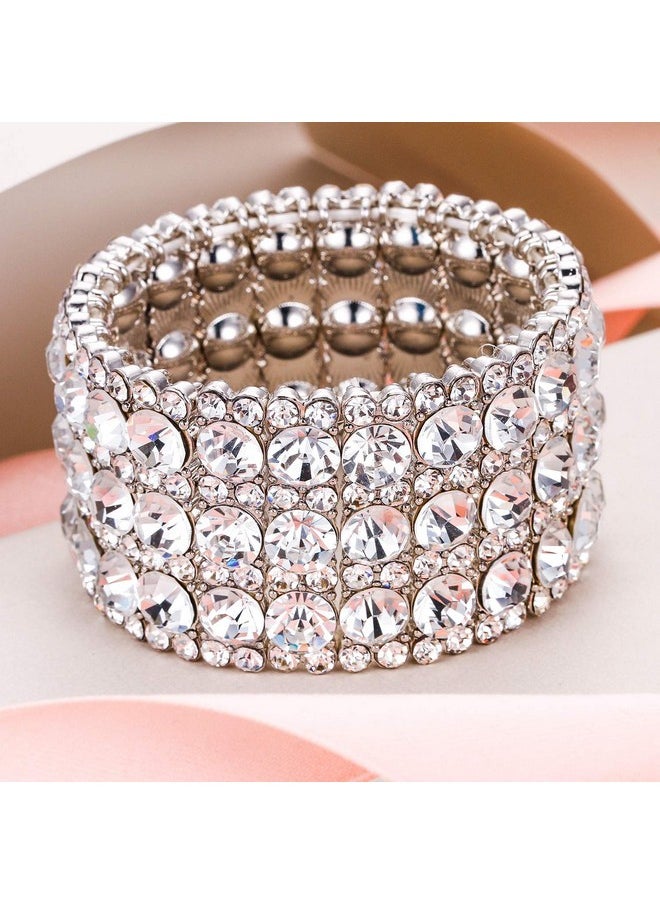 EVER FAITH Women'S Austrian Crystal Round Shaped Bridal Elastic Stretch Bracelet Clear Silver-Tone  - Image 5