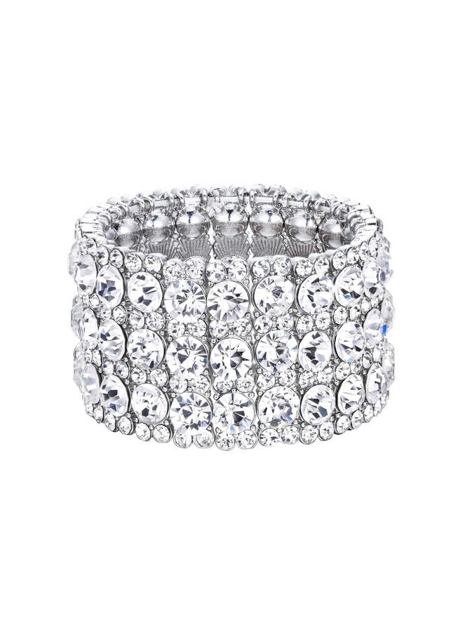 EVER FAITH Women'S Austrian Crystal Round Shaped Bridal Elastic Stretch Bracelet Clear Silver-Tone  - Image 1