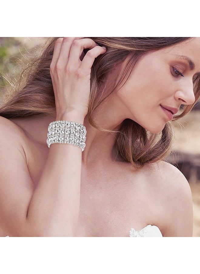 EVER FAITH Women'S Austrian Crystal Round Shaped Bridal Elastic Stretch Bracelet Clear Silver-Tone  - Image 2