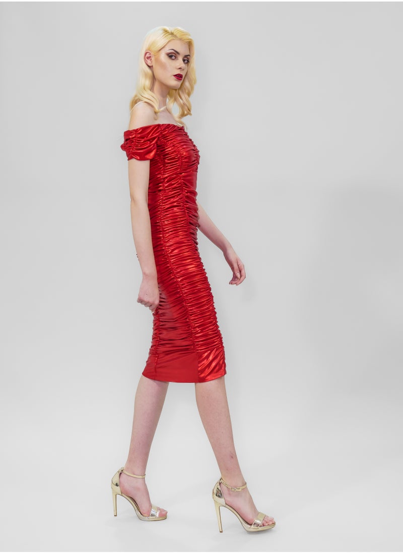 BITOLIA GALLERY - Midi Shiny Red Stretch Dress - Image 1
