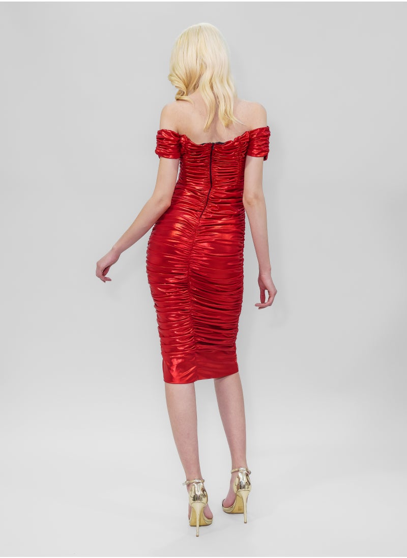 BITOLIA GALLERY - Midi Shiny Red Stretch Dress - Image 1