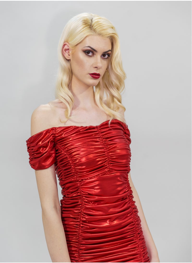 BITOLIA GALLERY - Midi Shiny Red Stretch Dress - Image 1