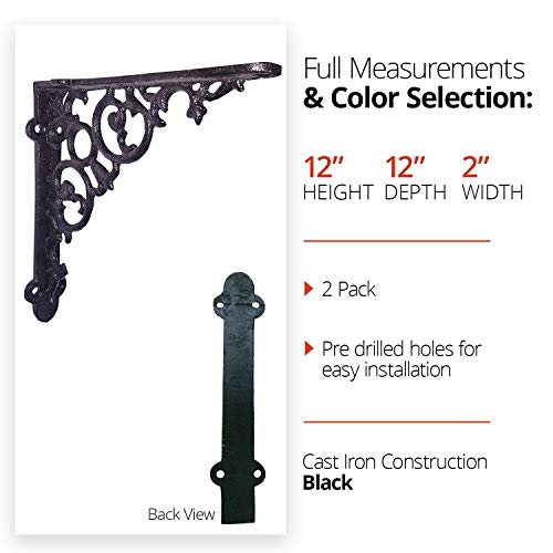 NACH Decorative Shelf Brackets, 2 Pack of 12 x 2 x 12 inch, Black Cast Iron Shelf Support Bracket - Metal Shelf Brackets for Wall - Victorian Shelf Bracket - Image 2