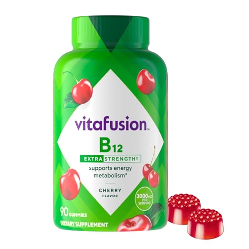 Vitafusion فيتافيوجن فيتامين ب12 جومي قوي إضافي يدعم صحة التمثيل الغذائي للطاقة وصحة الجهاز العصبي مكمل فيتامين جومي للنساء والرجال بنكهة الكرز 45 يوم إمداد 90 حبة - Image 2