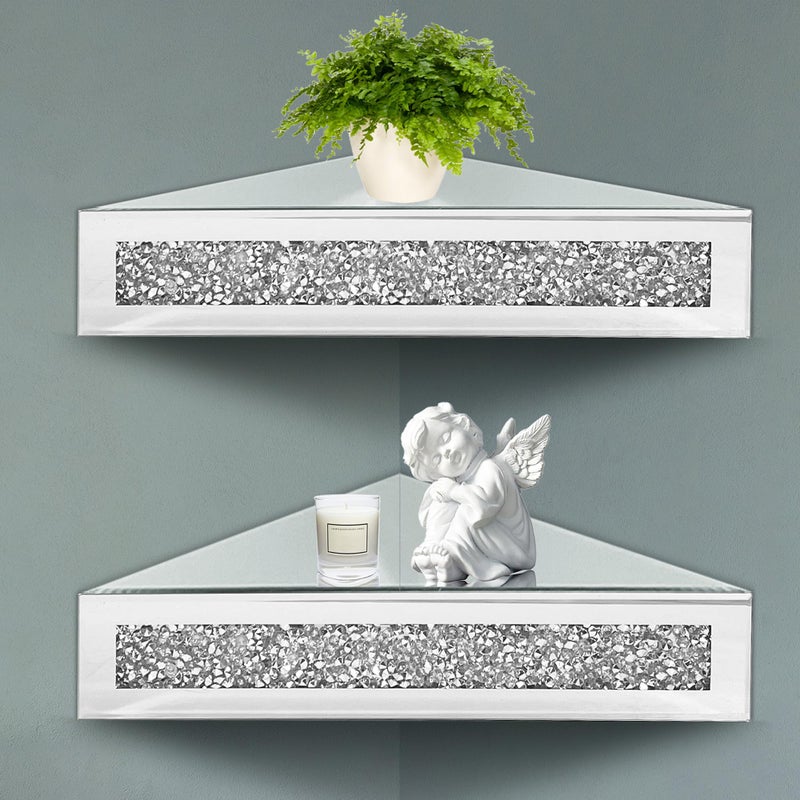 Royxen Corner Floating Shelves 2 Sets Corner Shelf Wall Mounted Crushed Diamond Corner Shelves Crystal Mirrored Floating Corner Shelves for Wall