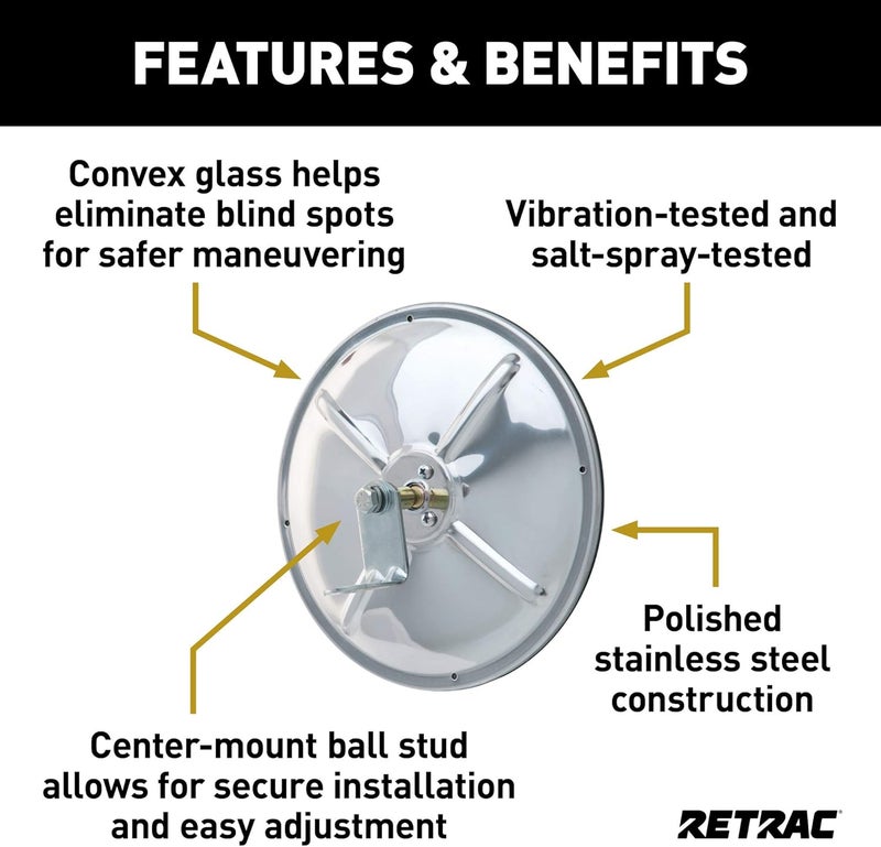 RETRAC 610673 8-Inch Stainless Steel Center-Mount Convex Mirror Head with J-Bracket, Universal Driver or Passenger Side Shock rubber edge - Image 4