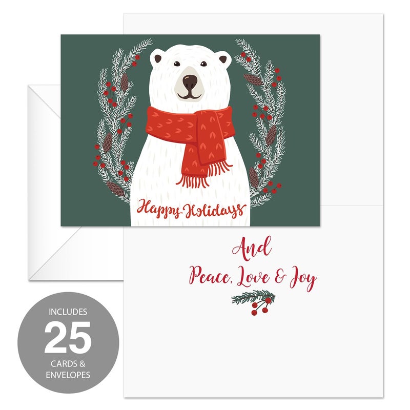 Canopy Street Smiling Polar Bear Holiday Card Pack / 25 Christmas Greeting Cards With Inside Verses And Envelopes / 4 5/8" x 6 1/4" Happy Holidays Cozy Winter Seasonal Holiday Cards - Image 2