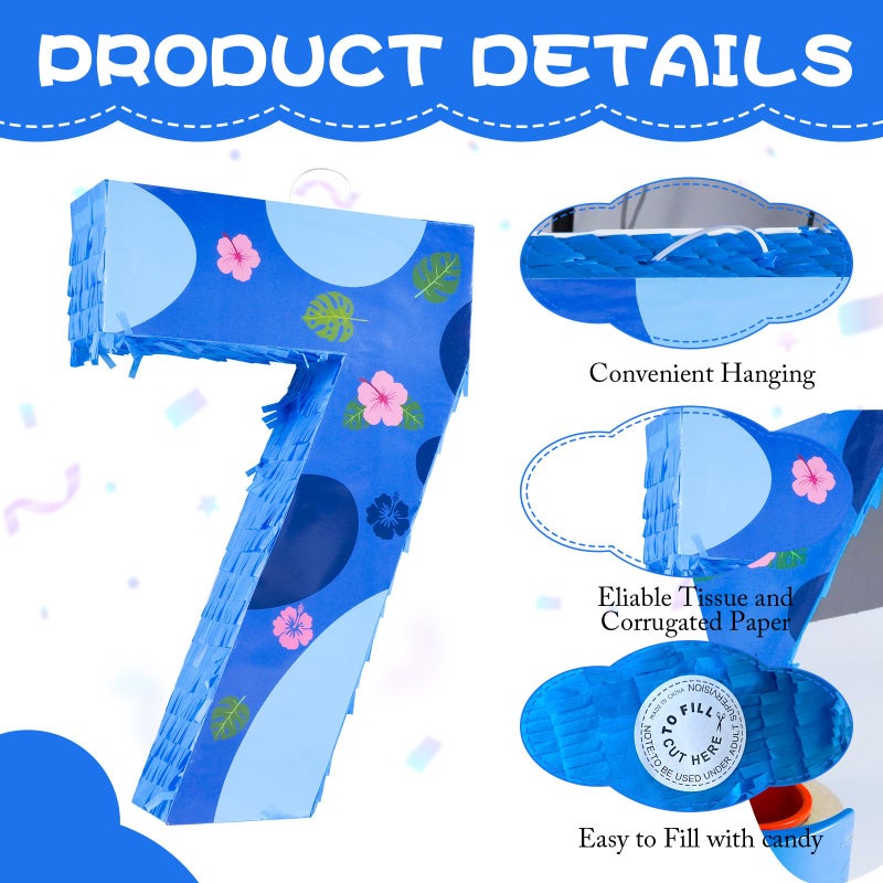 Sodolike 16 Inch Blue Pinata Set with Hawaii Pattern Number 7 PiÃ±ata, Blindfold and Stick for Boys Girls 7th Birthday Party Decorations (7-Hawaii Pattern PiÃ±ata) - Image 3
