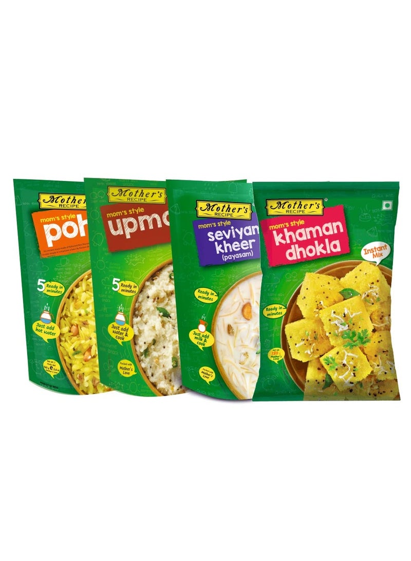 Mother's Recipe Mothers Recipe Breakfast Instant Mix Combo Pack of Poha, Upma, Khaman Dhokla and Payasam Seviyan Kheer | Pack of 4 - Image 1