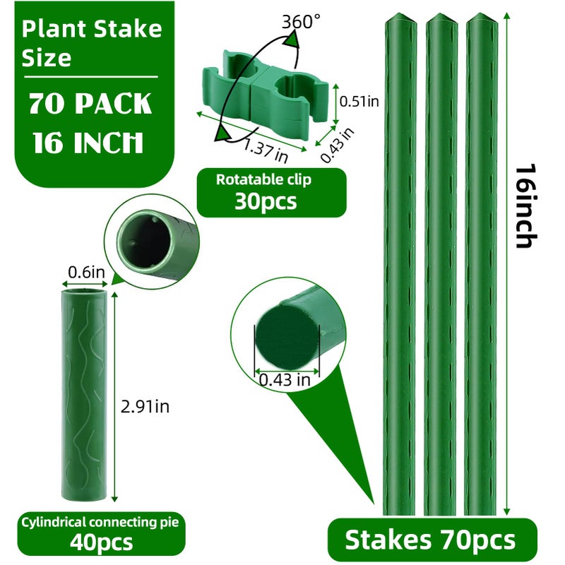 Fabulas Garden Stakes 16 Inch 70 Pack, Diy 4ft 5ft 6ft 7ft 8ft Tomato Stakes Plastic Coated Metal Plant Sticks Stakes Supports with 40 Connectors 30 Rotatable Clips for Indoor Outdoor Plants Vegetable - Image 2