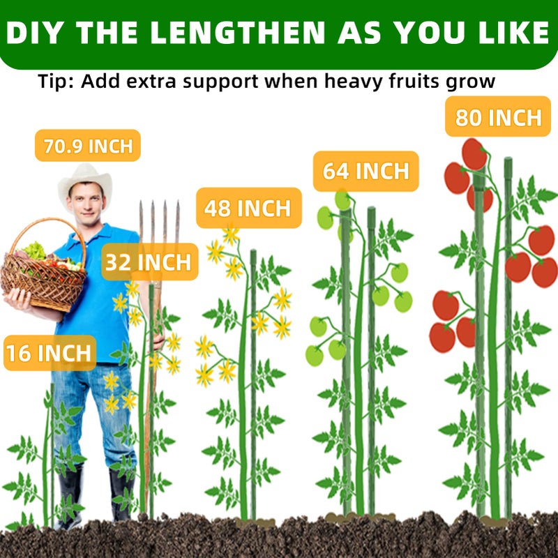 Fabulas Garden Stakes 16 Inch 70 Pack, Diy 4ft 5ft 6ft 7ft 8ft Tomato Stakes Plastic Coated Metal Plant Sticks Stakes Supports with 40 Connectors 30 Rotatable Clips for Indoor Outdoor Plants Vegetable - Image 3