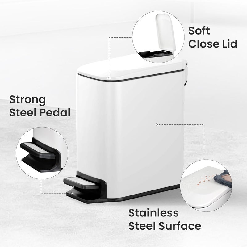 Cesun Small Bathroom Trash Can with Lid Soft Close, Step Pedal, 6 Liter / 1.6 Gallon Stainless Steel Slim Garbage Can for Bedroom, Diaper Waste Basket with Removable Inner Bucket (White) - Image 3