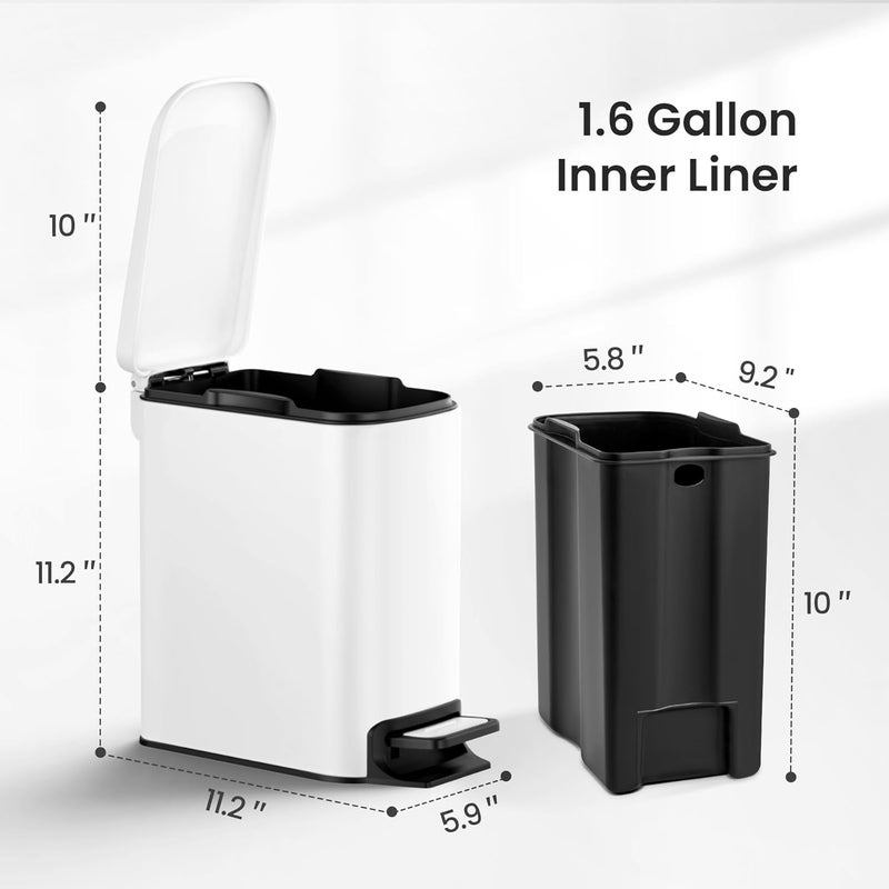 Cesun Small Bathroom Trash Can with Lid Soft Close, Step Pedal, 6 Liter / 1.6 Gallon Stainless Steel Slim Garbage Can for Bedroom, Diaper Waste Basket with Removable Inner Bucket (White) - Image 5