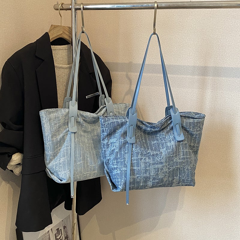 2024 Fashion Striped Portable Large Capacity Bag New Denim Tote Bag High-End Sense Large Bag Women'S Bag Instagram Inspired - Image 5