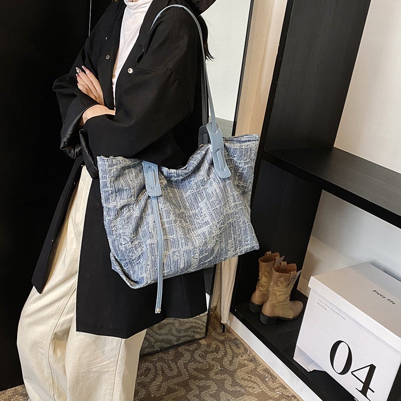 2024 Fashion Striped Portable Large Capacity Bag New Denim Tote Bag High-End Sense Large Bag Women'S Bag Instagram Inspired - Image 4