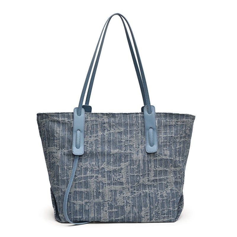 2024 Fashion Striped Portable Large Capacity Bag New Denim Tote Bag High-End Sense Large Bag Women'S Bag Instagram Inspired - Image 1