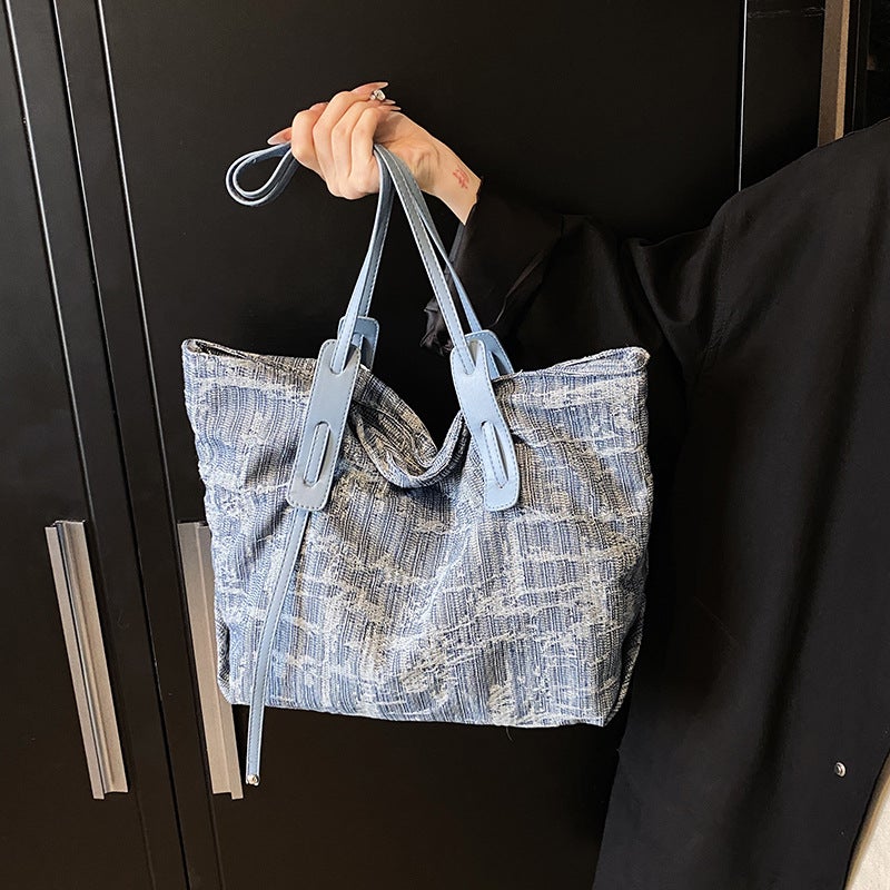 2024 Fashion Striped Portable Large Capacity Bag New Denim Tote Bag High-End Sense Large Bag Women'S Bag Instagram Inspired - Image 2