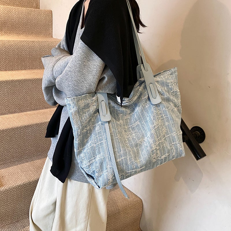 2024 Fashion Striped Portable Large Capacity Bag New Denim Tote Bag High-End Sense Large Bag Women'S Bag Instagram Inspired - Image 3