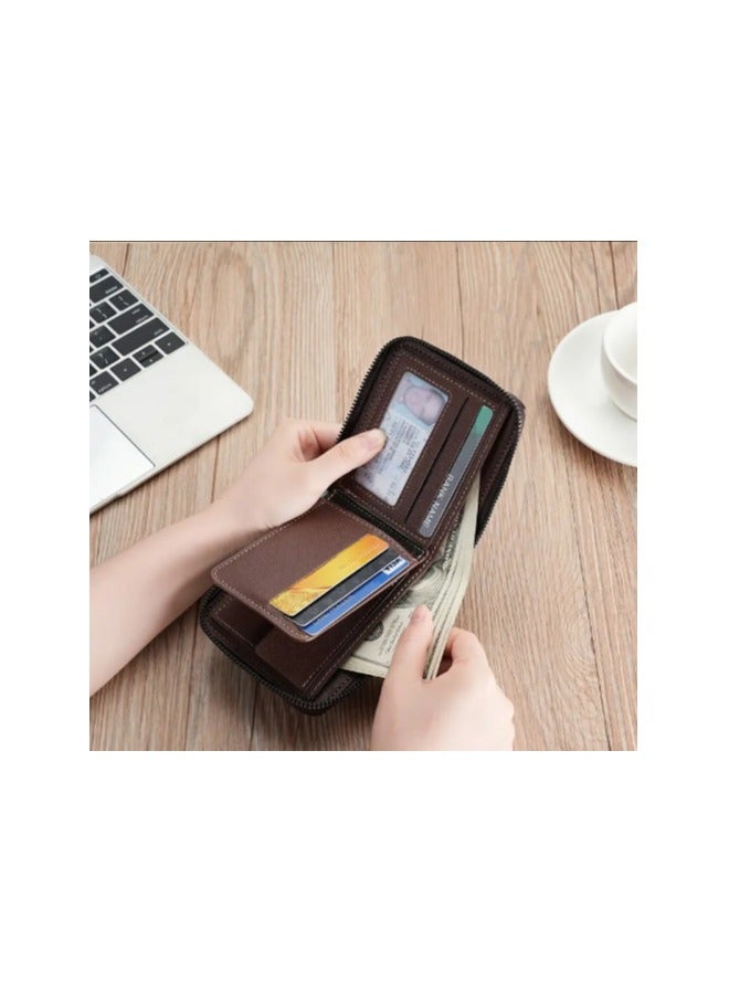 CarrKen Leather wallet, with external zipper and 8 internal pockets, elegant wallet for money, ATM cards and coins, brown - Image 4