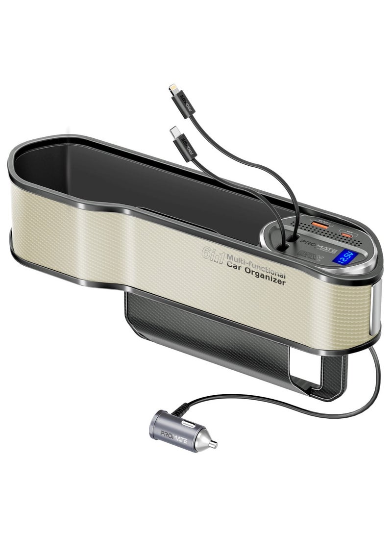 Promate 6 in 1 Multi-Functional Car Organizer, 65W Charging Station With 20W Lightning Retractable Cable, 30W USB-C Retractable Cable, USB-C / A Ports, LED Voltage Display Car Carmate-RPD Beige - Image 1