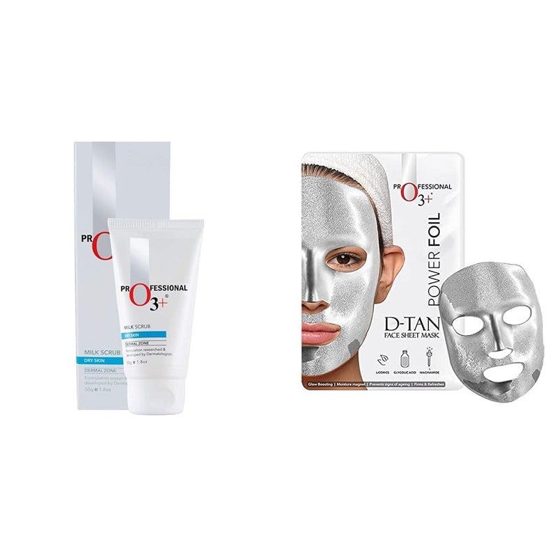 O3 Milk Scrub Enriched with Macadamia Nuts Extracts for Clean Bright Complexion O3 Power Foil DTan Face sheet mask for Skin Brightening Face Mask For Glowing Skin Combo - Image 1