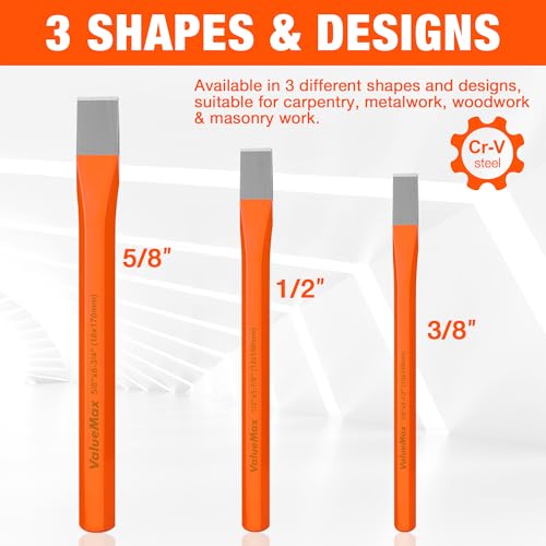 ValueMax 3-Piece Heavy Duty Cold Chisel Set, 3/8-Inch, 1/2-Inch & 5/8-Inch Metal Chisel Set, Premium Cr-V Steel, for Carpentry, Metalwork, Woodwork & Masonry Work - Image 2