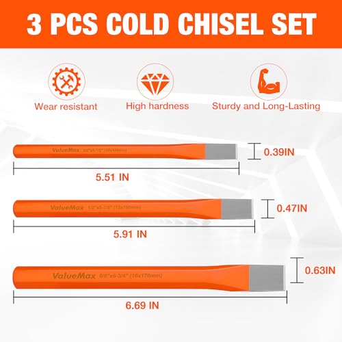 ValueMax 3-Piece Heavy Duty Cold Chisel Set, 3/8-Inch, 1/2-Inch & 5/8-Inch Metal Chisel Set, Premium Cr-V Steel, for Carpentry, Metalwork, Woodwork & Masonry Work - Image 3