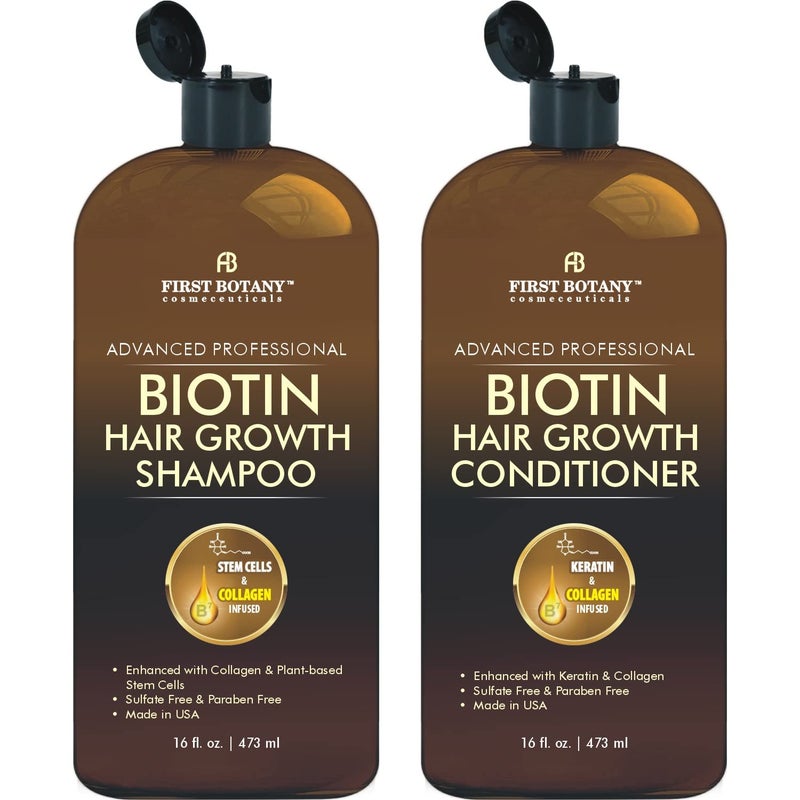First Botany, Biotin Hair Growth Shampoo Conditioner Anti Hair Loss Thickening formula Collagen & Stem Cell For Hair Regrowth Anti Thinning Sulfate Free For Men Women Anti Dandruff Treatment 16 oz x2 - Image 1