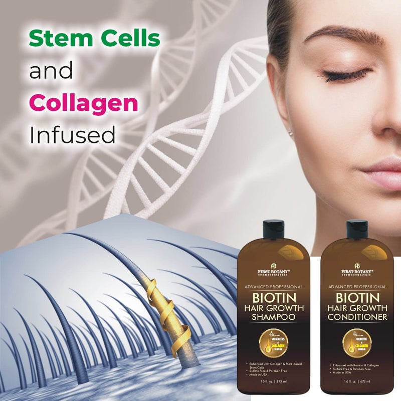 First Botany, Biotin Hair Growth Shampoo Conditioner Anti Hair Loss Thickening formula Collagen & Stem Cell For Hair Regrowth Anti Thinning Sulfate Free For Men Women Anti Dandruff Treatment 16 oz x2 - Image 3