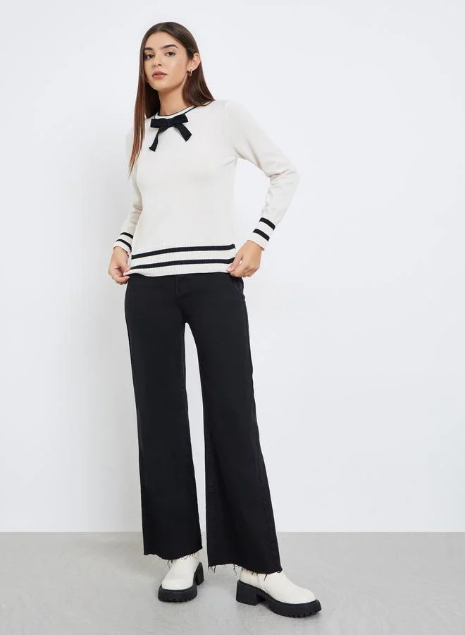 Take Two Off White Knit Sweater with Bow Trim