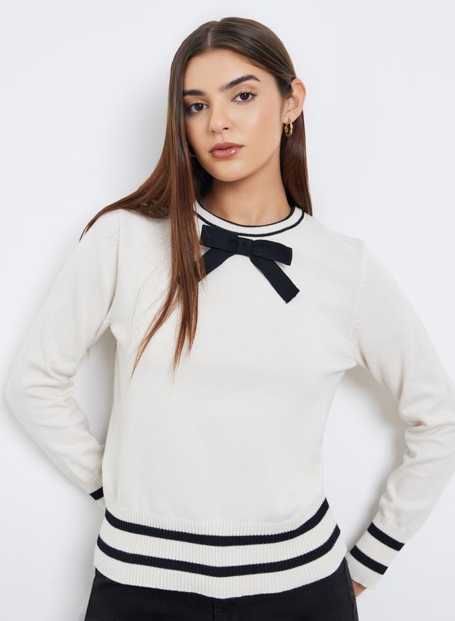 Take Two Off White Knit Sweater with Bow Trim - Image 3