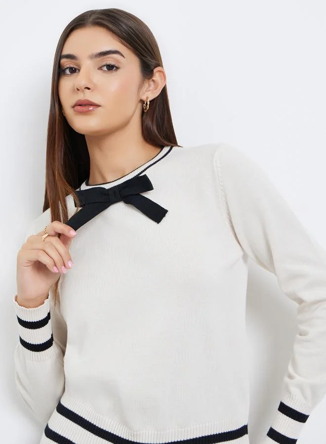 Take Two Off White Knit Sweater with Bow Trim