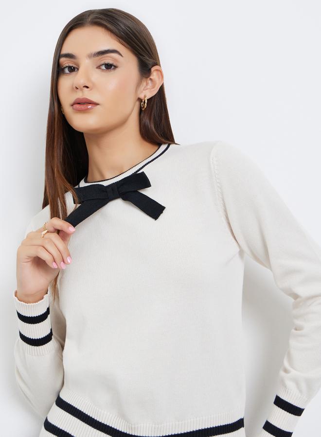 Take Two Off White Knit Sweater with Bow Trim - Image 1