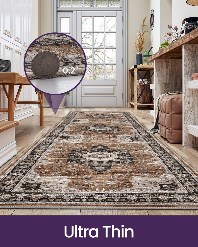DEXI Hallway Washable Runner Rug 3x7, Vintage Farmhouse Thin Kitchen Runner with Non Slip Backing, Soft Entryway Floor Rug, Stain Resistant Distressed Carpet for Bedroom Living Room, Brown - Image 3