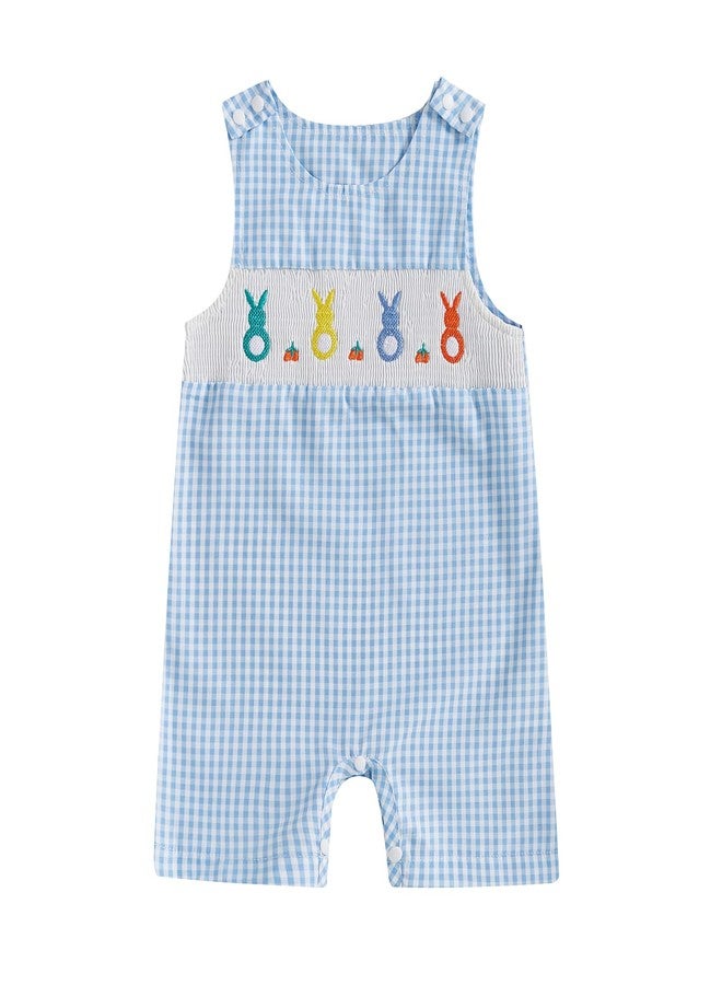 DNOMAID YZARC Newborn Baby Boy Girl Easter Outfit Bunny Egg Embroidery Romper Plaid Stripe Sleeveless Jumpsuit Summer Clothes (Blue, 0-3 Months) - Image 1
