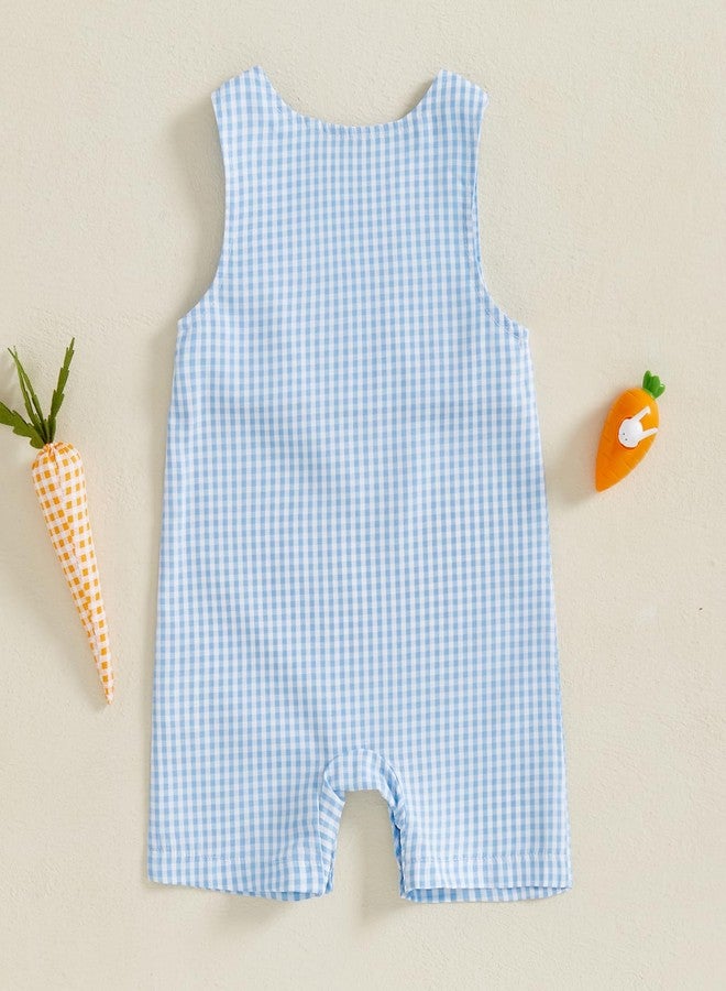 DNOMAID YZARC Newborn Baby Boy Girl Easter Outfit Bunny Egg Embroidery Romper Plaid Stripe Sleeveless Jumpsuit Summer Clothes (Blue, 0-3 Months) - Image 3