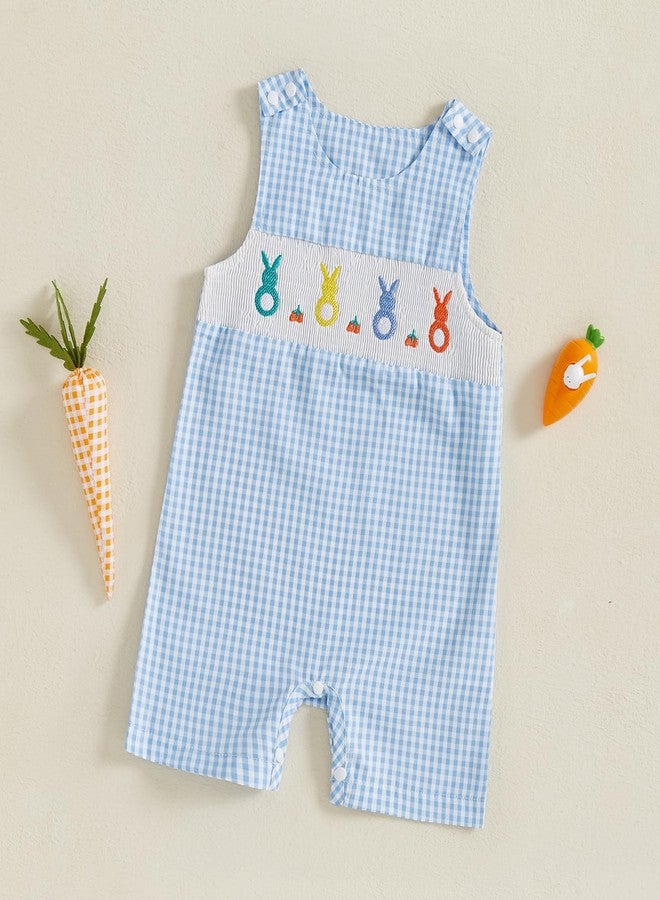 DNOMAID YZARC Newborn Baby Boy Girl Easter Outfit Bunny Egg Embroidery Romper Plaid Stripe Sleeveless Jumpsuit Summer Clothes (Blue, 0-3 Months) - Image 2