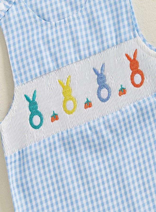 DNOMAID YZARC Newborn Baby Boy Girl Easter Outfit Bunny Egg Embroidery Romper Plaid Stripe Sleeveless Jumpsuit Summer Clothes (Blue, 0-3 Months) - Image 5