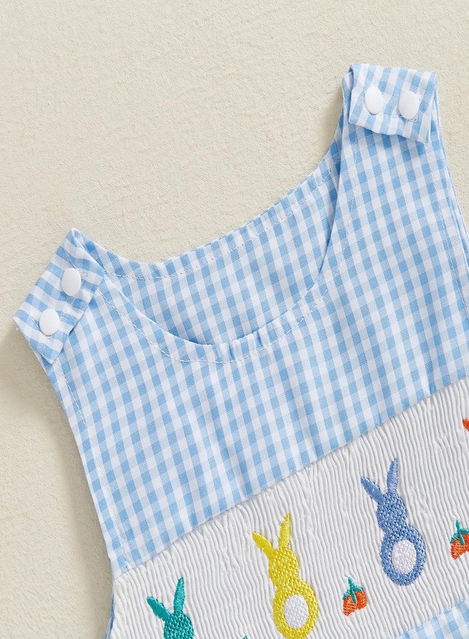 DNOMAID YZARC Newborn Baby Boy Girl Easter Outfit Bunny Egg Embroidery Romper Plaid Stripe Sleeveless Jumpsuit Summer Clothes (Blue, 0-3 Months) - Image 4