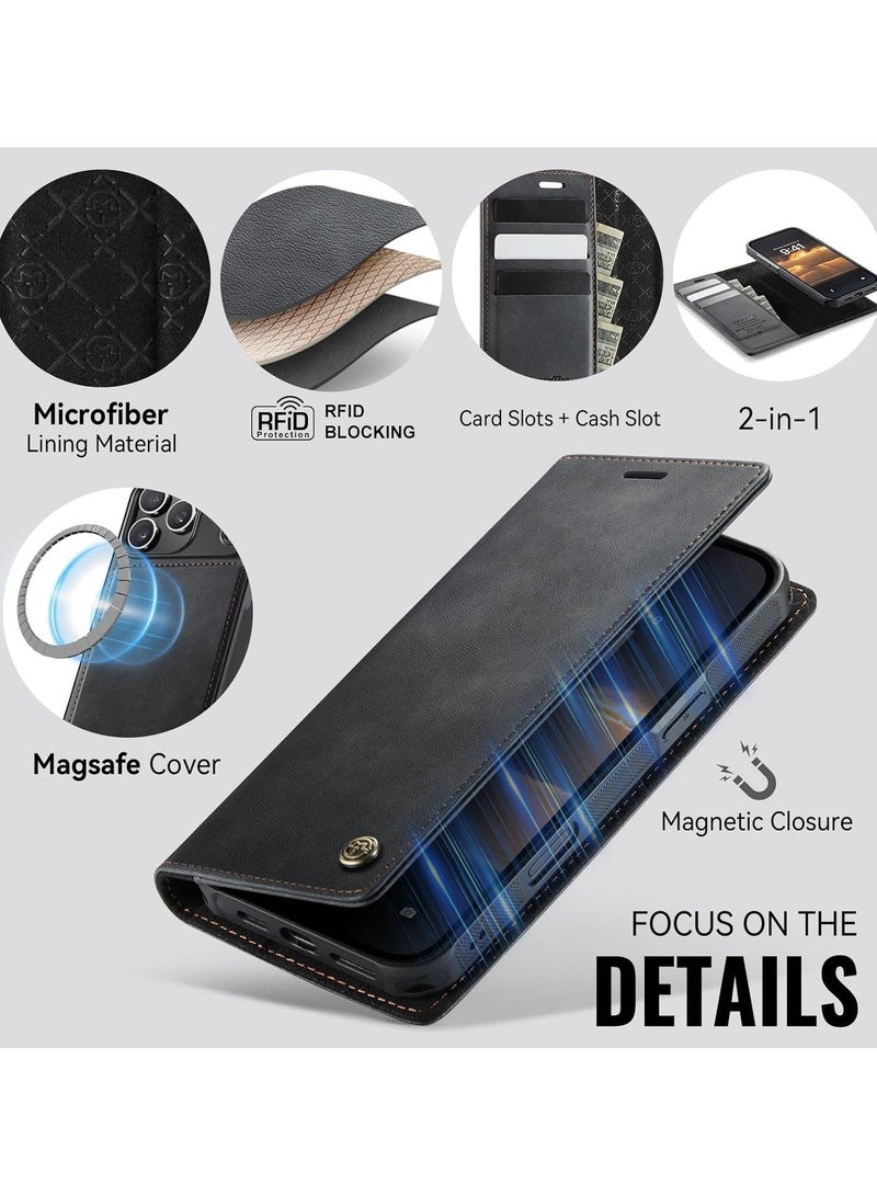 حافظة محفظة مغناطيسية قابلة للفصل لهاتف iPhone 17 Pro Max، غطاء قلاب من جلد البولي يوريثان 2 في 1 مع حامل بطاقات RFID، متوافق مع Magsafe، مسند، حافظة واقية مضادة للصدمات، أسود - Image 4