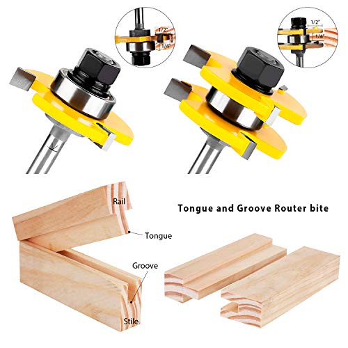 KOWOOD Tongue and Groove Set of 2 Pieces 1/4 Inch Shank Router Bit 3 Teeth Adjustable T Shape Wood Milling Cutter - Image 3