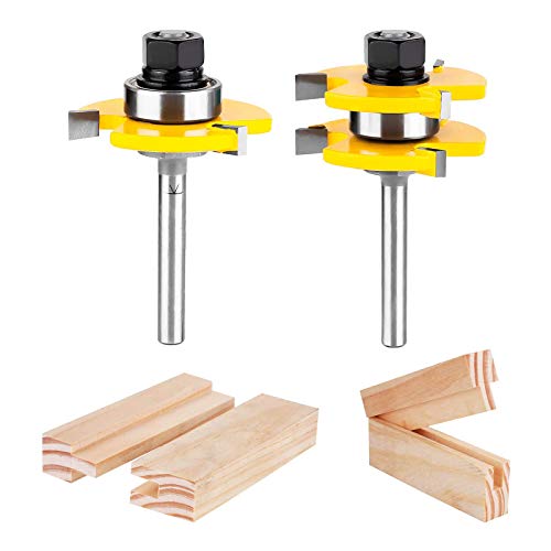KOWOOD Tongue and Groove Set of 2 Pieces 1/4 Inch Shank Router Bit 3 Teeth Adjustable T Shape Wood Milling Cutter - Image 1