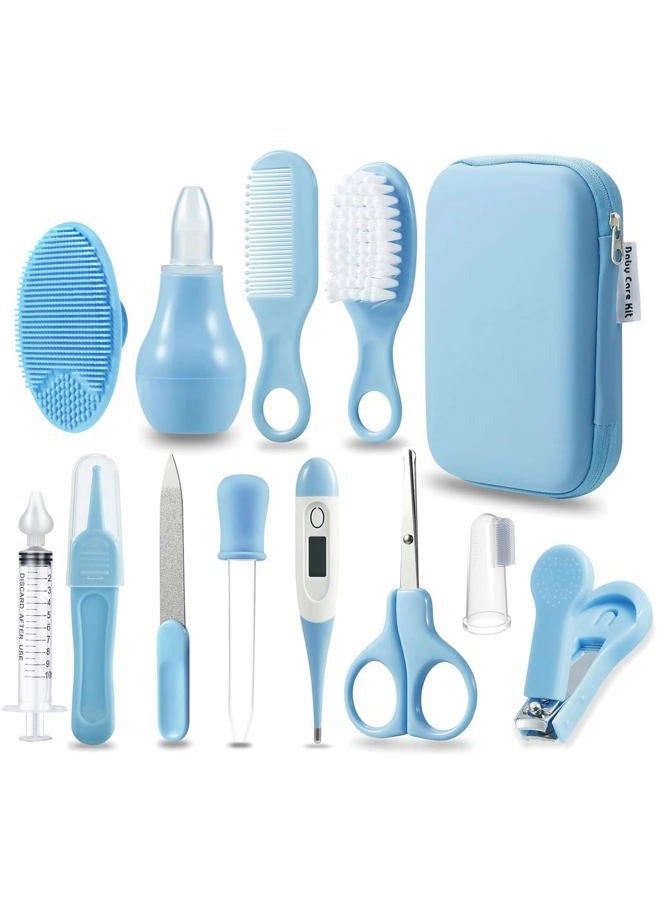 PandaEar Baby Healthcare & Grooming Kit - Baby Safety Set Comb, Brush, Finger Toothbrush, Nail Clippers, Scissors, Nasal Aspirator - Nursery Care Kit (Blue) - Image 1